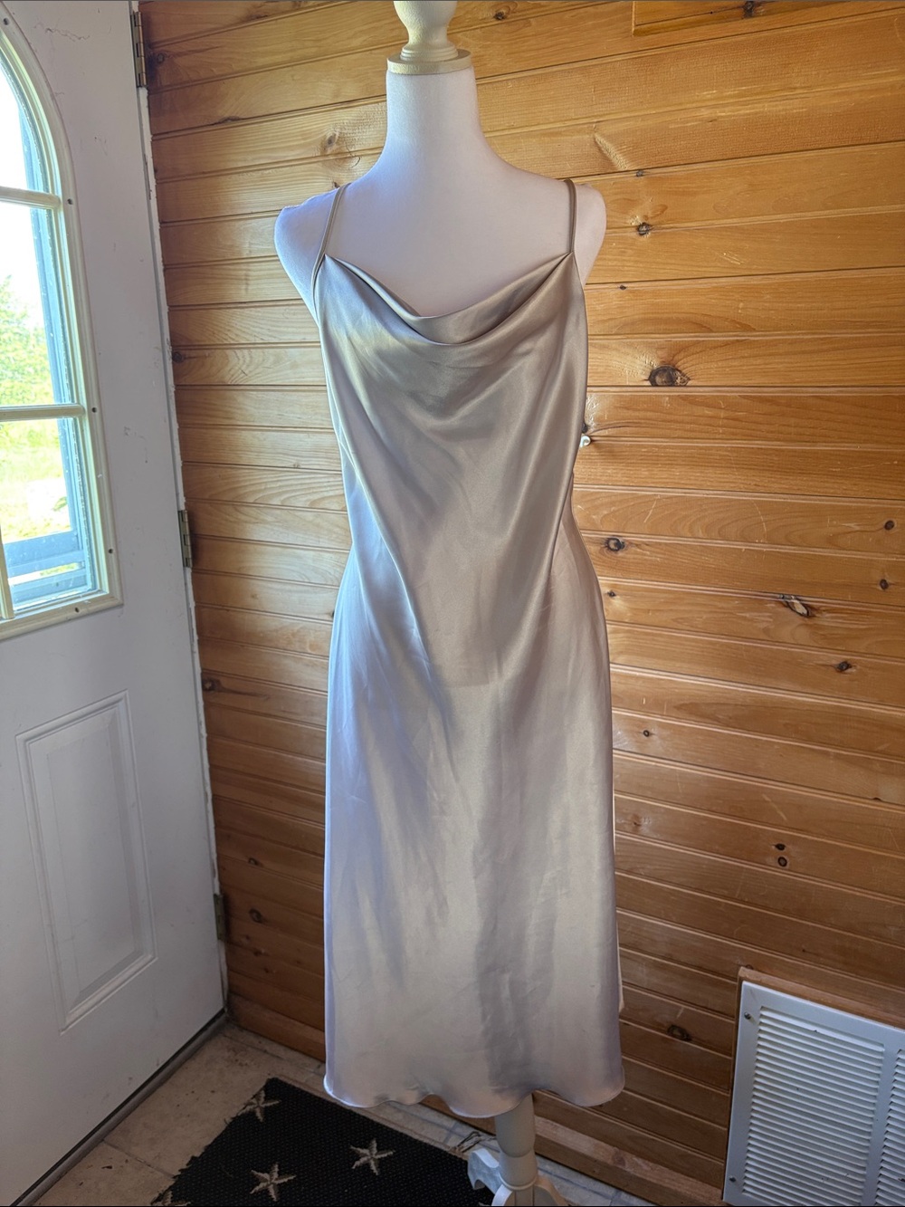 bebe Silver Satin Cowl Midi Dress